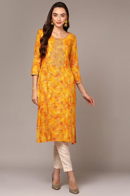Women's Yellow Viscose Rayon Bandhani Printed Regular Fit Kurta