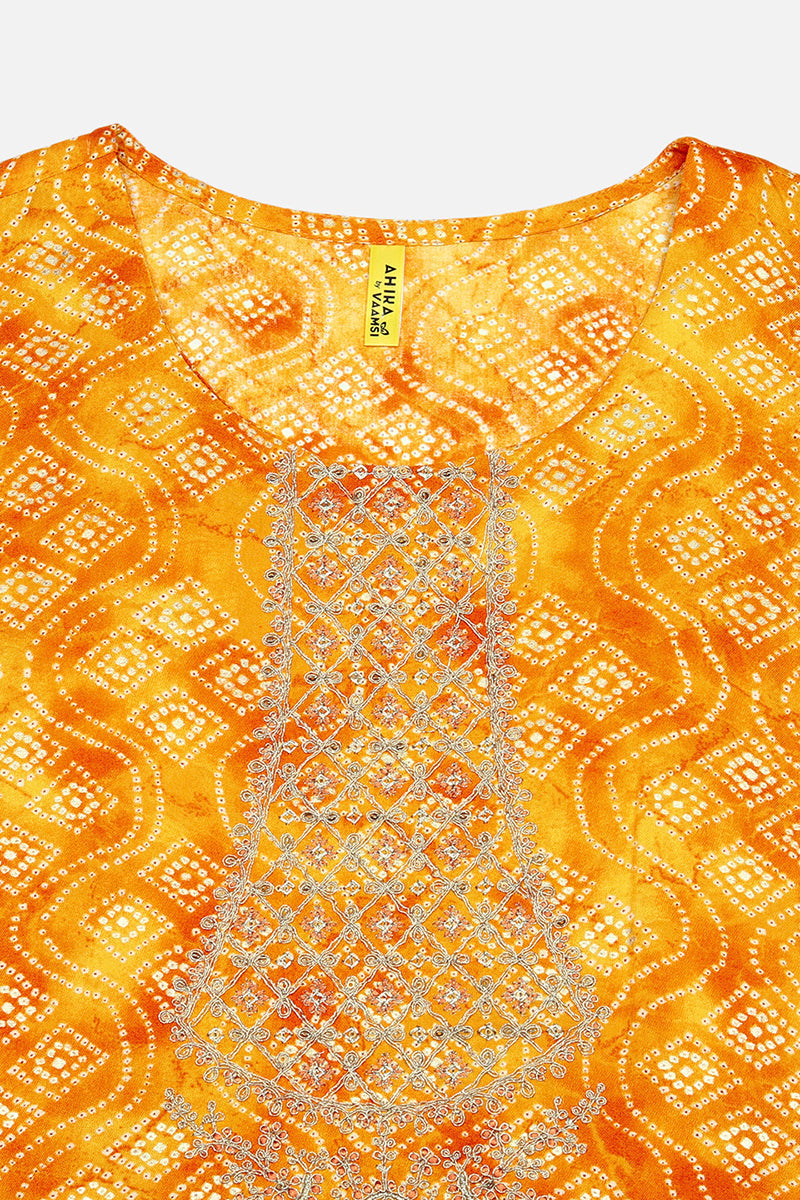 Women's Yellow Viscose Rayon Bandhani Printed Regular Fit Kurta