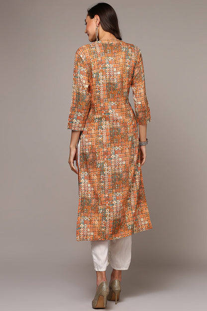 Women's Orange Viscose Rayon Abstract Straight Kurta