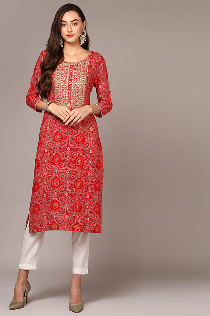 Women's Red Viscose Rayon Bandhani Regular Fit Kurta