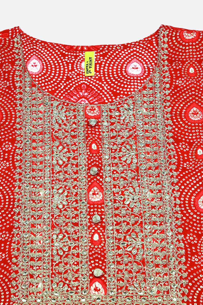 Women's Red Viscose Rayon Bandhani Regular Fit Kurta