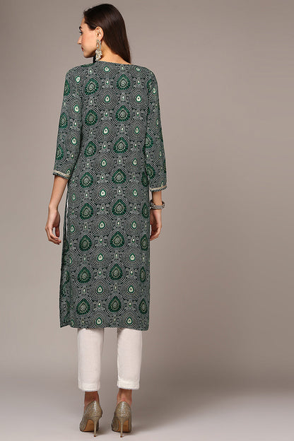 Women's Green Viscose Rayon Bandhani Regular Fit Kurta