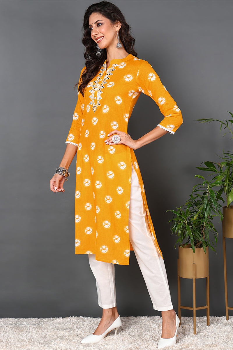 Women's Yellow Cotton Embroidered Ethnic Motifs Straight Kurta