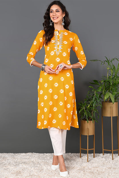 Women's Yellow Cotton Embroidered Ethnic Motifs Straight Kurta