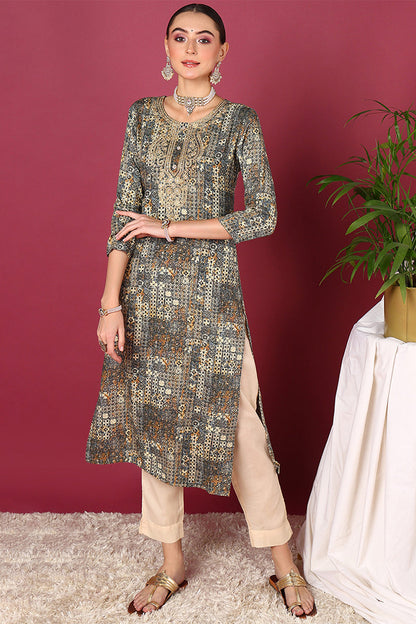 Women's Blue Viscose Rayon Ethnic Motifs Printed Straight Kurta