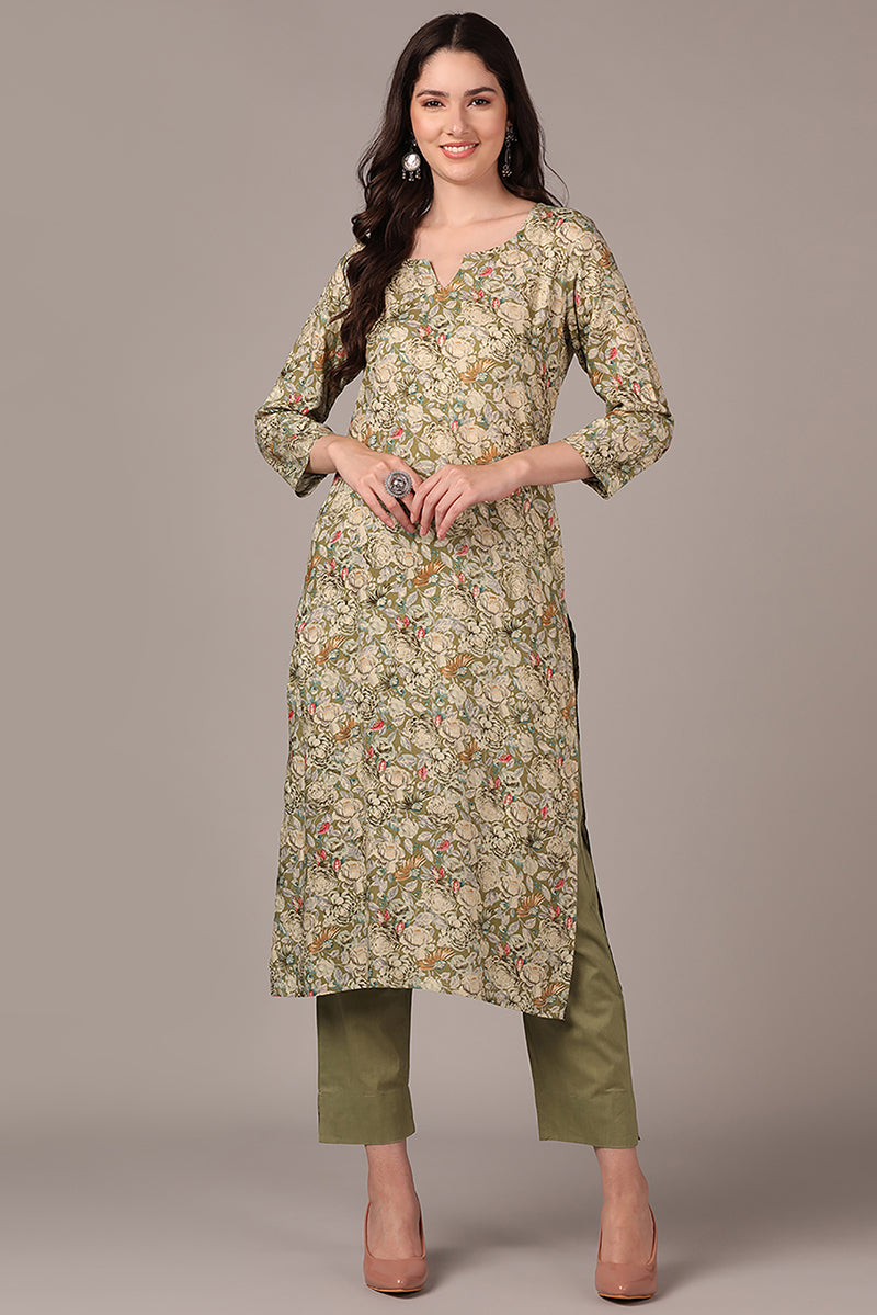 Women's Green Viscose Rayon Floral Printed Straight Kurta