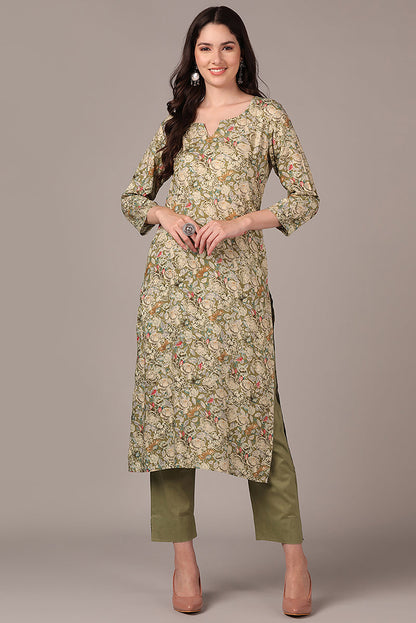 Women's Green Viscose Rayon Floral Printed Straight Kurta