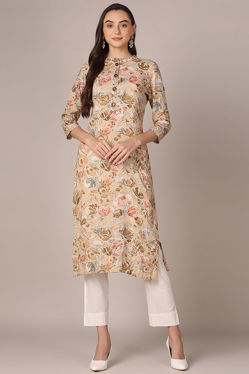 Women's Khaki Viscose Rayon Floral Printed Straight Kurta