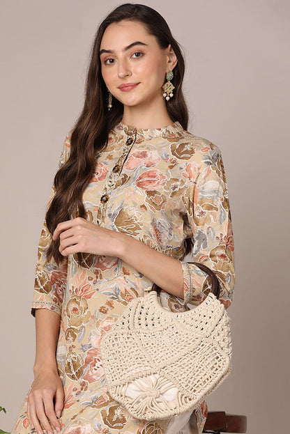 Women's Khaki Viscose Rayon Floral Printed Straight Kurta