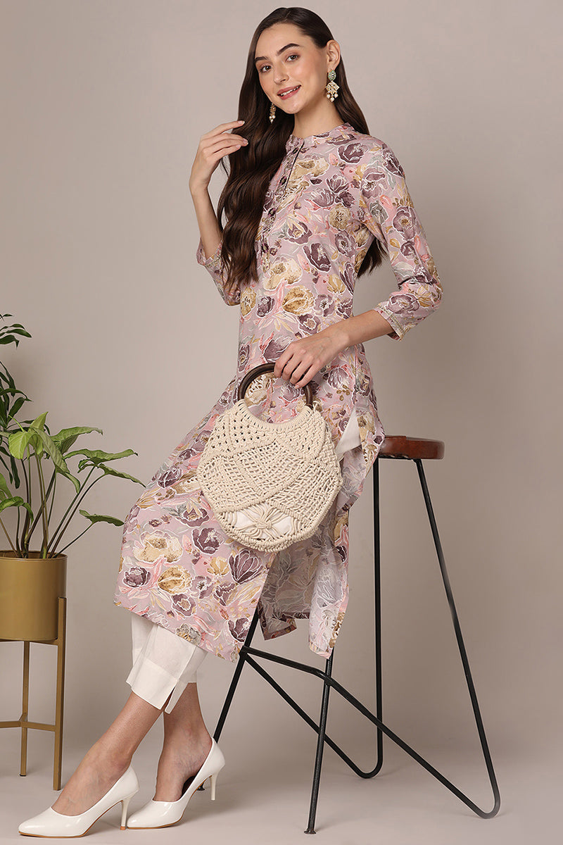 Women's Purple Viscose Rayon Floral Printed Straight Kurta