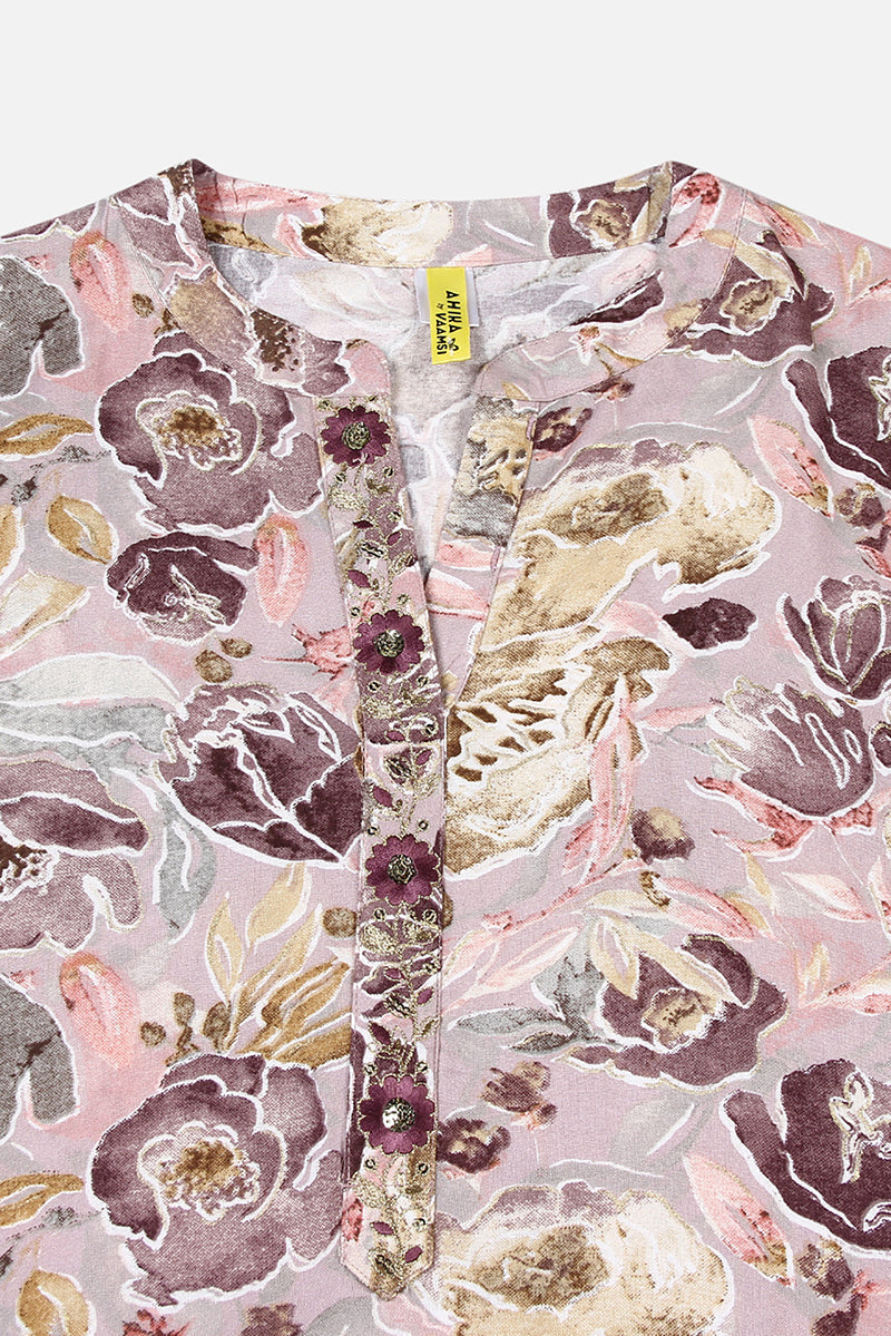 Women's Purple Viscose Rayon Floral Printed Straight Kurta
