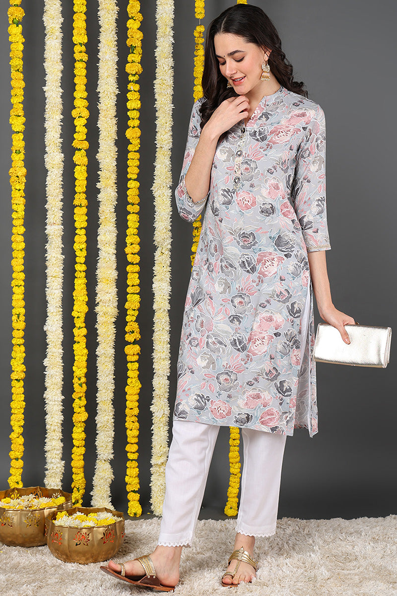 Women's Grey Viscose Rayon Floral Printed Straight Kurta