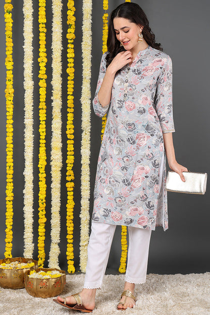 Women's Grey Viscose Rayon Floral Printed Straight Kurta