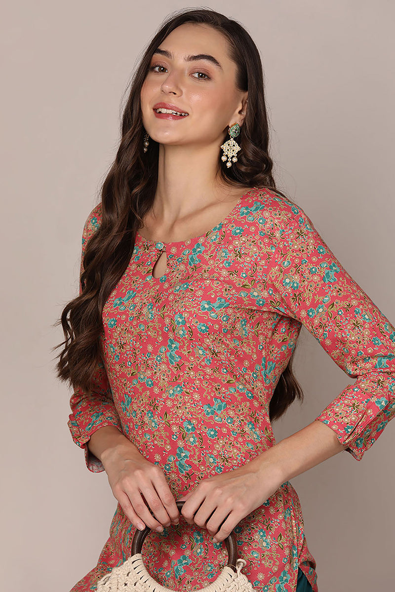 Women's Pink Viscose Rayon Floral Printed Straight Kurta