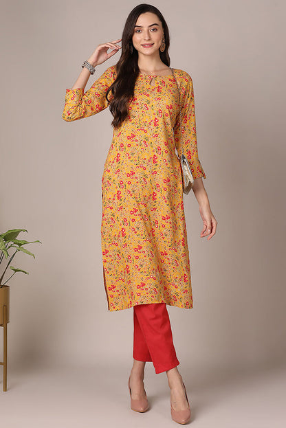 Women's Yellow Viscose Rayon Floral Printed Straight Kurta