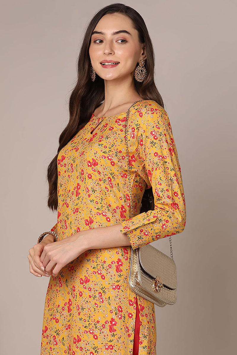 Women's Yellow Viscose Rayon Floral Printed Straight Kurta