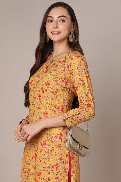 Women's Yellow Viscose Rayon Floral Printed Straight Kurta
