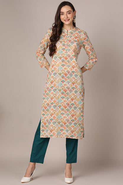 Women's White Cotton Ethnic Motifs Printed Straight Kurta