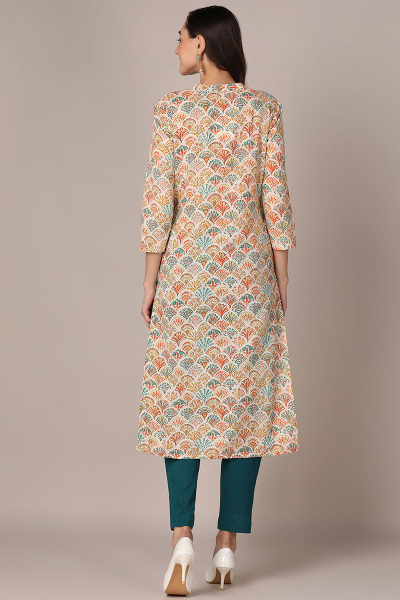 Women's White Cotton Ethnic Motifs Printed Straight Kurta