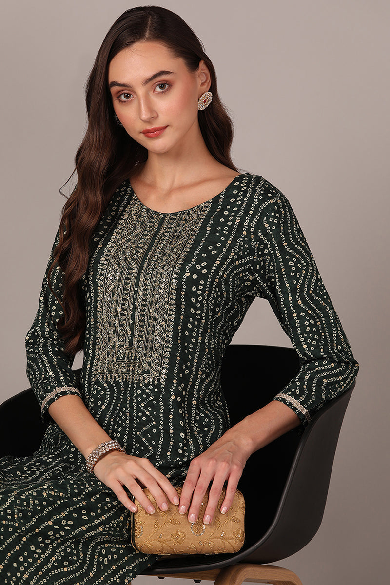 Women's Green Viscose Rayon Bandhani Embroidered Straight Kurta