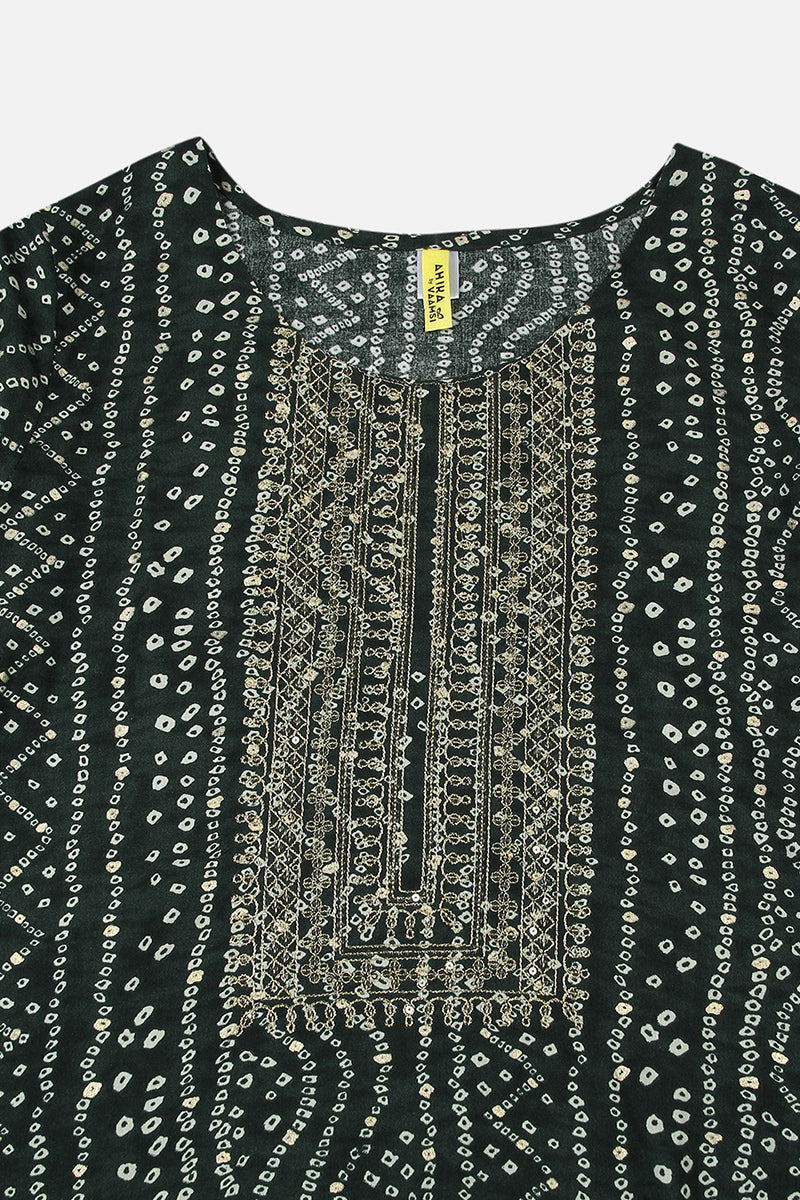 Women's Green Viscose Rayon Bandhani Embroidered Straight Kurta