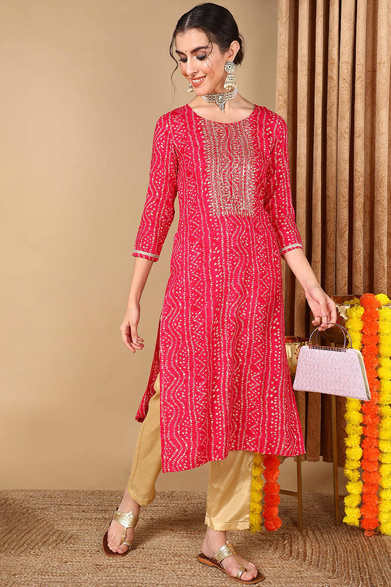 Women's Pink Viscose Rayon Bandhani Embroidered Straight Kurta