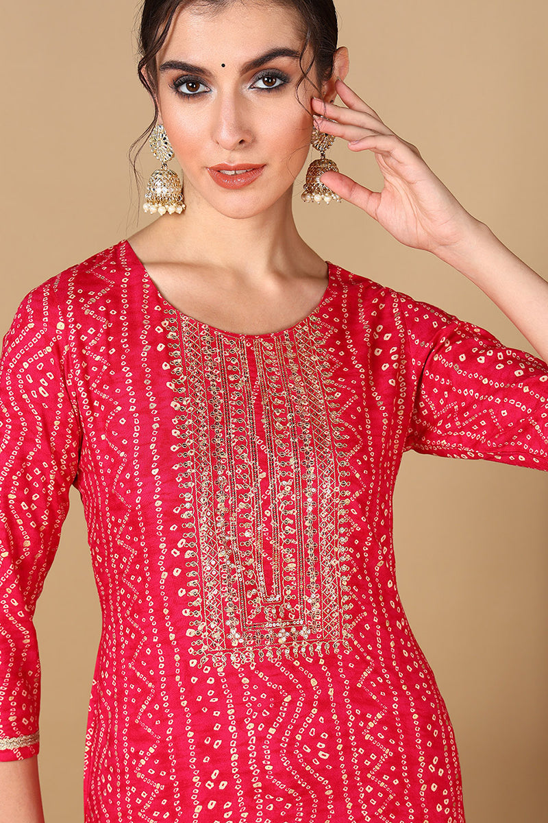 Women's Pink Viscose Rayon Bandhani Embroidered Straight Kurta