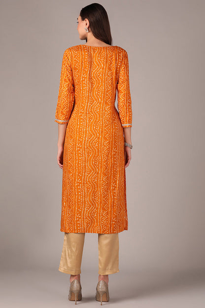 Women's Yellow Viscose Rayon Bandhani Embroidered Straight Kurta