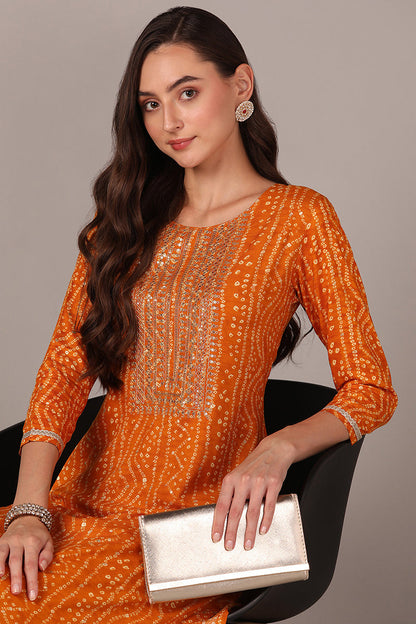 Women's Yellow Viscose Rayon Bandhani Embroidered Straight Kurta