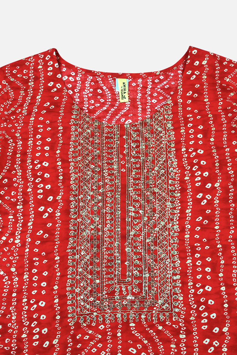 Women's Red Viscose Rayon Bandhani Embroidered Straight Kurta