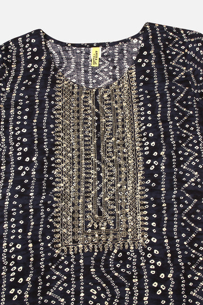 Women's Navy Blue Viscose Rayon Bandhani Embroidered Straight Kurta