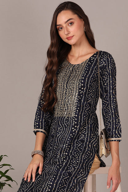 Women's Navy Blue Viscose Rayon Bandhani Embroidered Straight Kurta