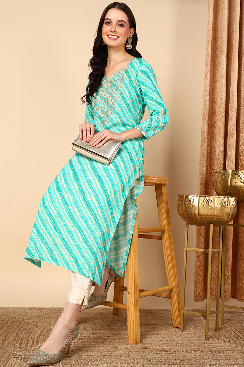 Women's Sea Green Viscose Rayon Leheriya Printed Straight Kurta