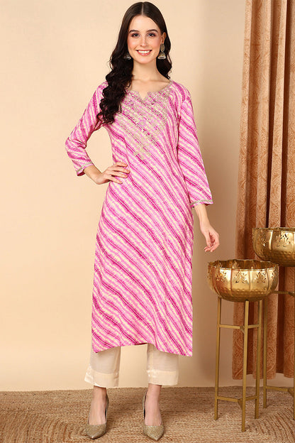Women's Purple Viscose Rayon Leheriya Printed Straight Kurta