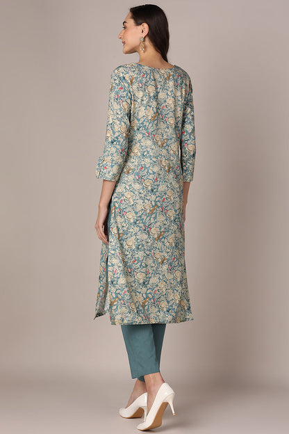 Women's Teal Viscose Rayon Floral Printed Straight Kurta