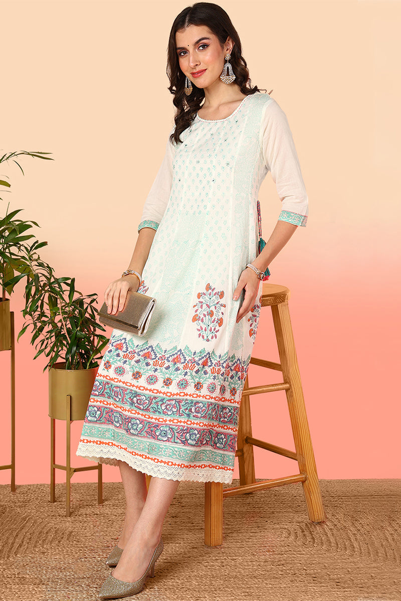 Women's Off White Cotton Floral Printed Flared Kurta