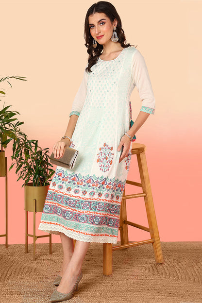 Women's Off White Cotton Floral Printed Flared Kurta