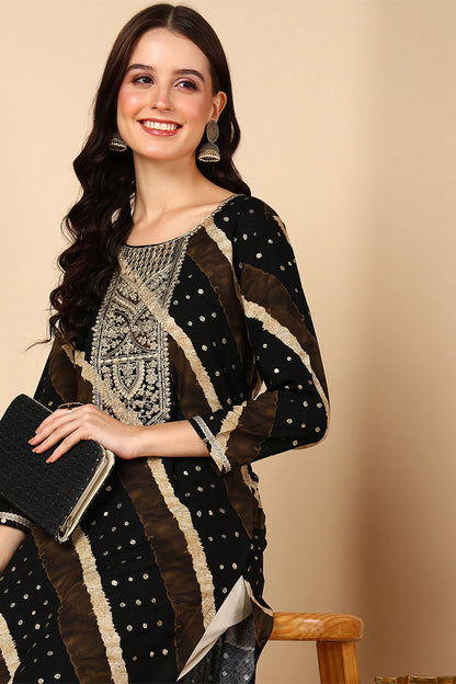 Women's Black Viscose Rayon Leheriya Printed Straight Kurta