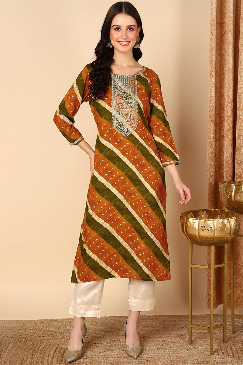 Women's Mustard Viscose Rayon Leheriya Printed Straight Kurta