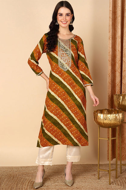 Women's Mustard Viscose Rayon Leheriya Printed Straight Kurta