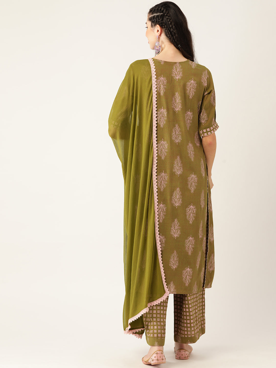 Women's Mehndi Color Rayon Blend Printed Kurta Palazzo With Dupatta