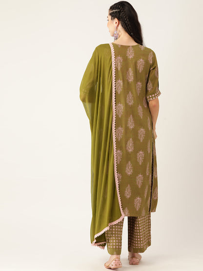 Women's Mehndi Color Rayon Blend Printed Kurta Palazzo With Dupatta