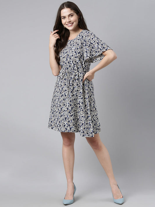 Women's White Polyester Floral Printed Dress