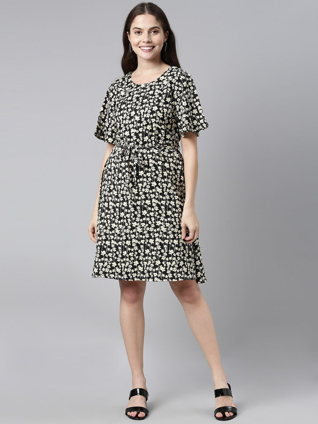 Women's Black Georgette Floral Printed Dress