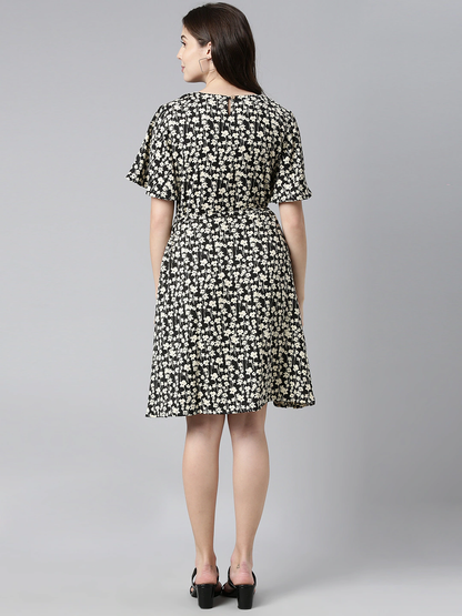 Women's Black Georgette Floral Printed Dress