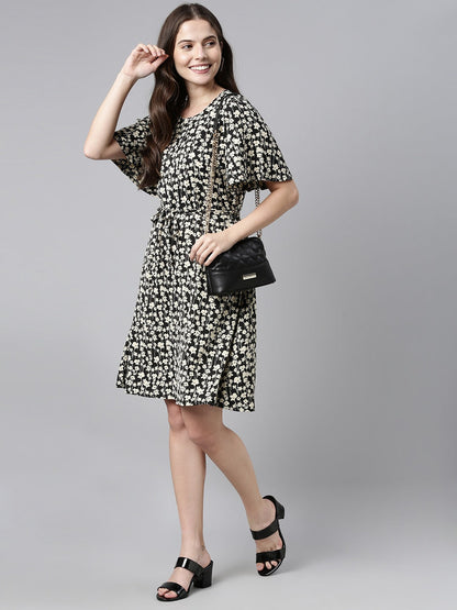 Women's Black Georgette Floral Printed Dress
