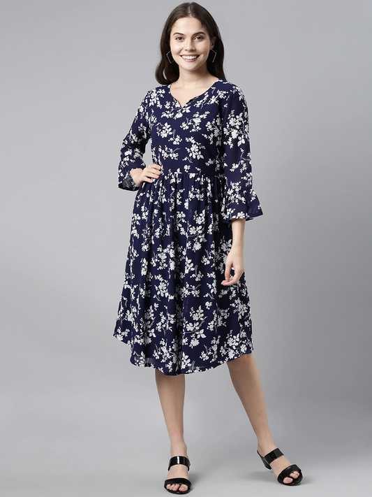 Women's Dark Blue Chiffon Floral Printed Dress