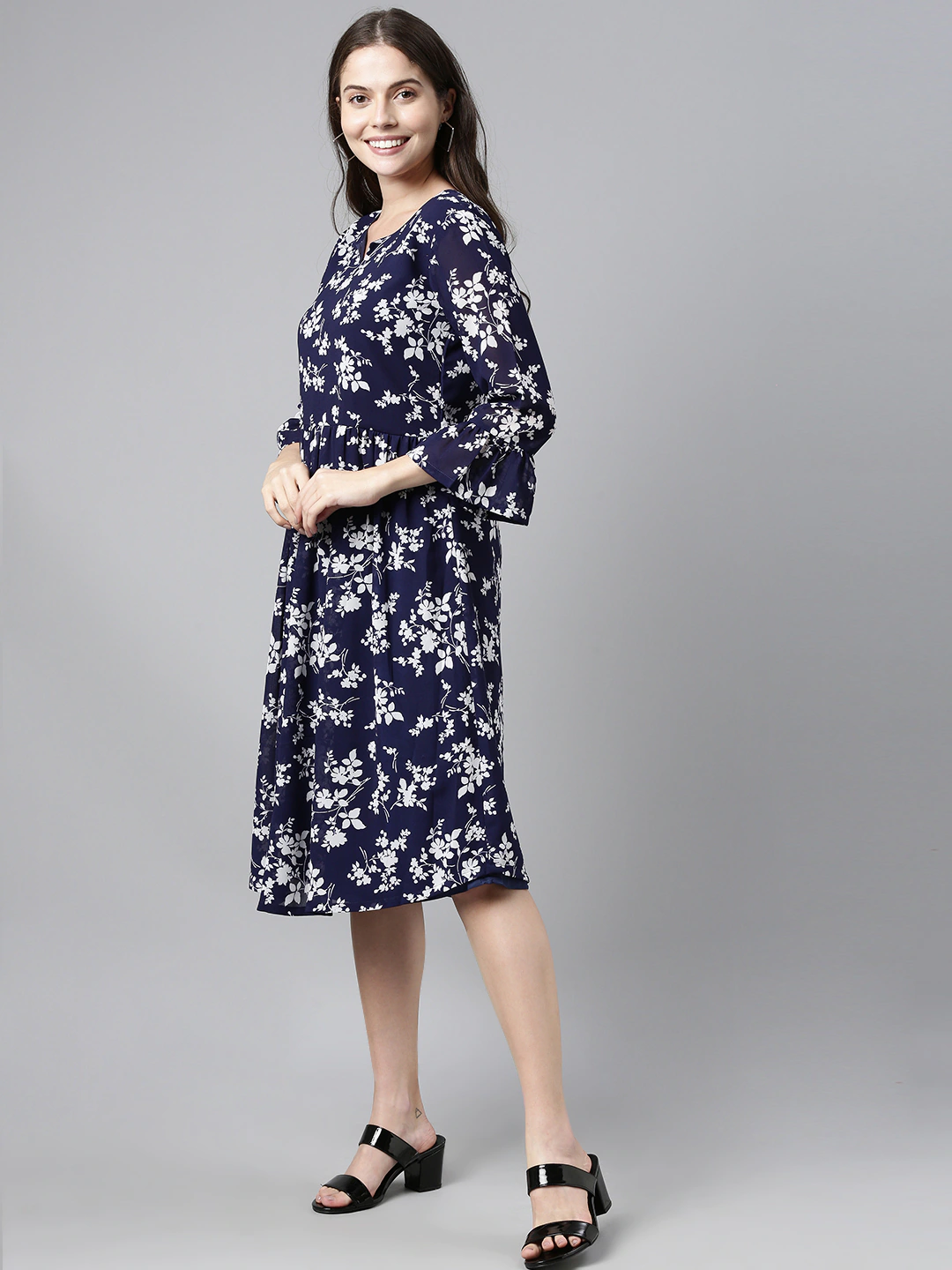 Women's Dark Blue Chiffon Floral Printed Dress