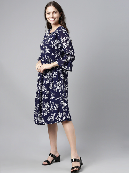 Women's Dark Blue Chiffon Floral Printed Dress