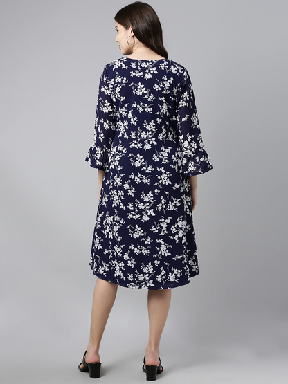 Women's Dark Blue Chiffon Floral Printed Dress